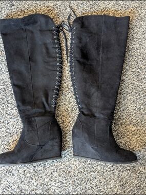 Torrid Black Lace-Up Over-the-Knee Wedge Boots